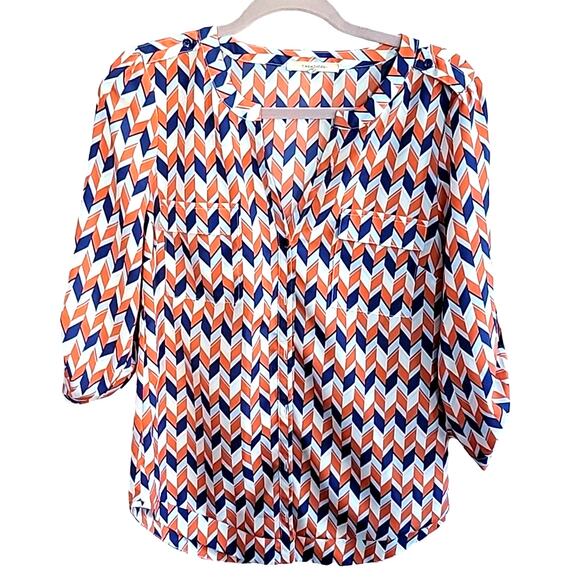 41Hawthron Orange Blue Chevron V Neck Button Up Roll Tab Womens Top Size Small - Picture 1 of 10